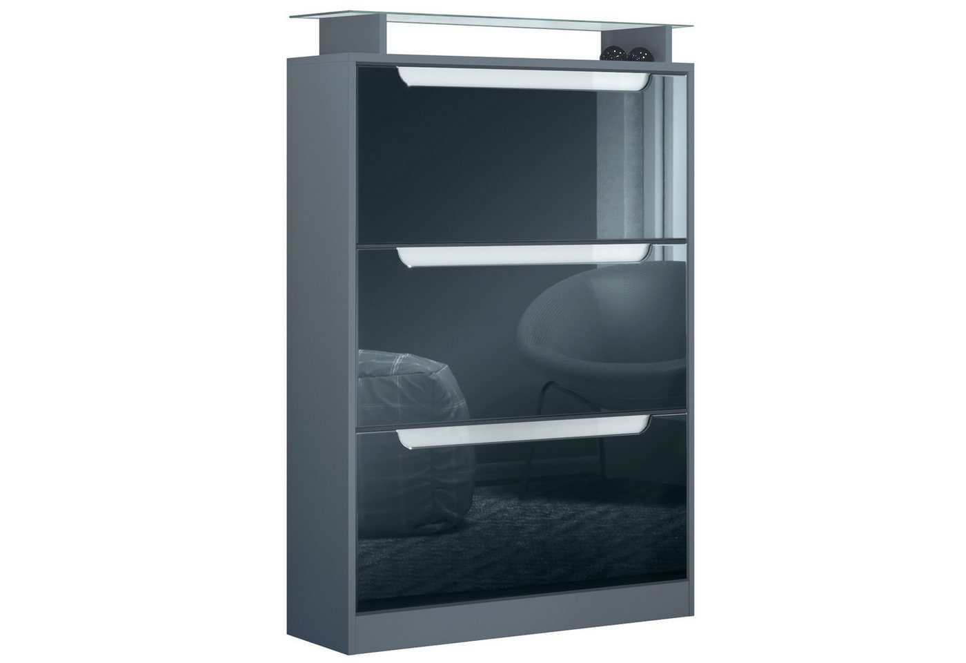 Vladon Schuhschrank Space (Schuhkipper, für 24 Paar Schuhe mit 3 Klappen und Glasablage) Anthrazit matt/Schwarz Hochglanz (89 x 128 x 23 cm) von Vladon