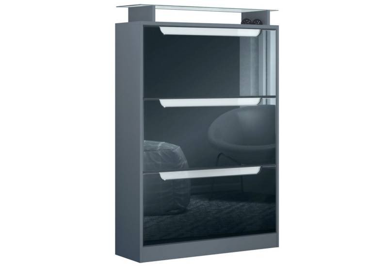 Vladon Schuhschrank Space (Schuhkipper, für 24 Paar Schuhe mit 3 Klappen und Glasablage) Anthrazit matt/Schwarz Hochglanz (89 x 128 x 23 cm) von Vladon