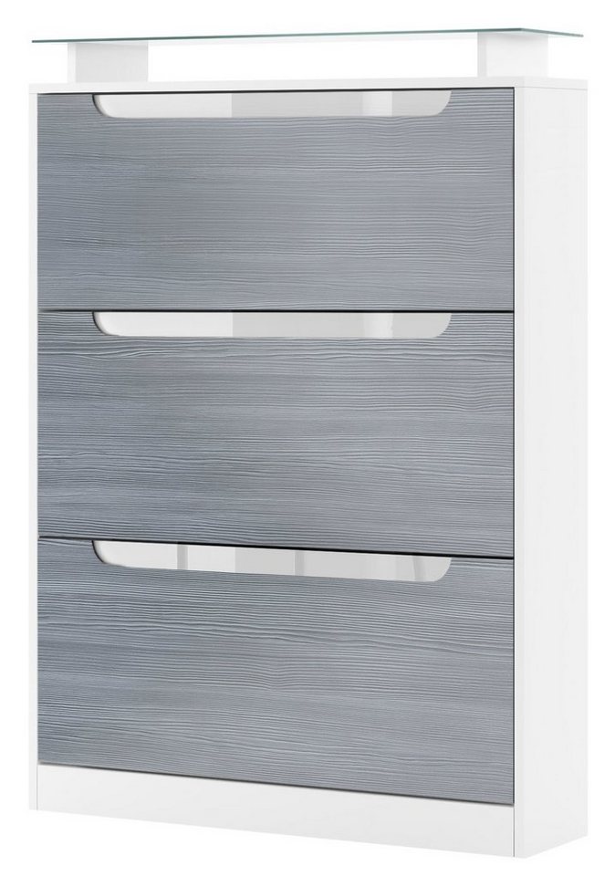 Vladon Schuhschrank Space (Schuhkipper, für 24 Paar Schuhe mit 3 Klappen und Glasablage) Weiß matt/Avola-Anthrazit/Absetzung in Weiß glänzend (89x128x23 cm) von Vladon