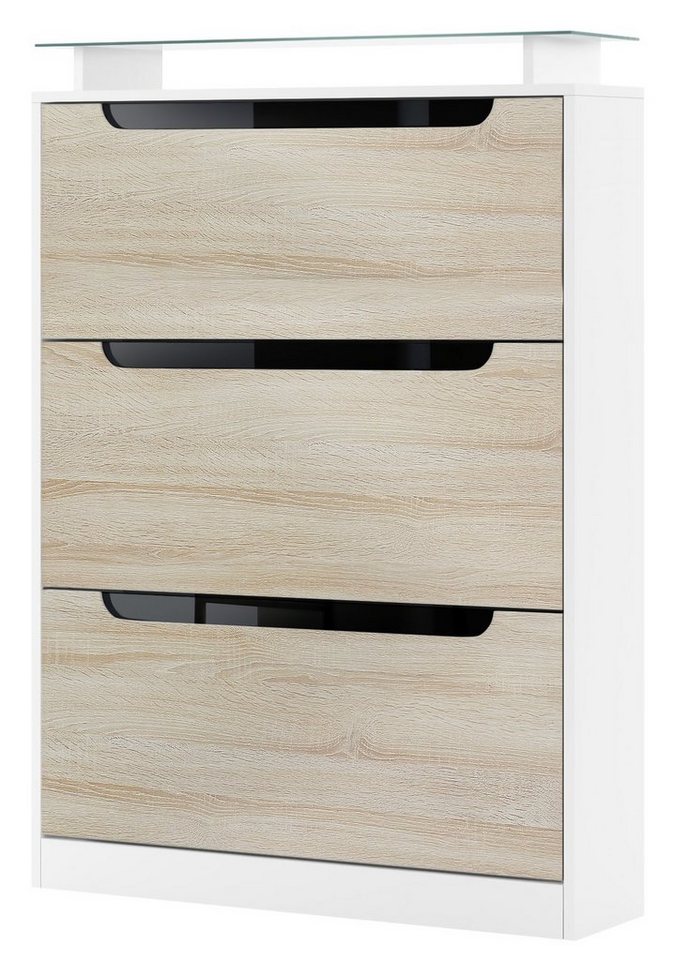Vladon Schuhschrank Space (Schuhkipper, für 24 Paar Schuhe mit 3 Klappen und Glasablage) Weiß matt/Eiche sägerau/Absetzung in Schwarz glänzend (89x128x23 cm) von Vladon