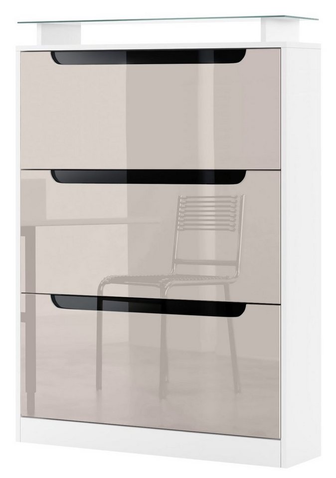 Vladon Schuhschrank Space (Schuhkipper, für 24 Paar Schuhe mit 3 Klappen und Glasablage) Weiß matt/Sandgrau glänzend/Absetzung Schwarz glänzend (89x128x23 cm) von Vladon