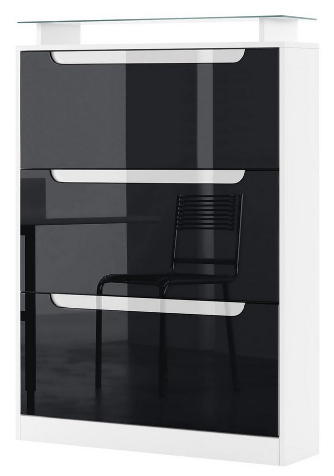 Vladon Schuhschrank Space (Schuhkipper, für 24 Paar Schuhe mit 3 Klappen und Glasablage) Weiß matt/Schwarz glänzend/Absetzung in Weiß glänzend (89x128x23 cm) von Vladon