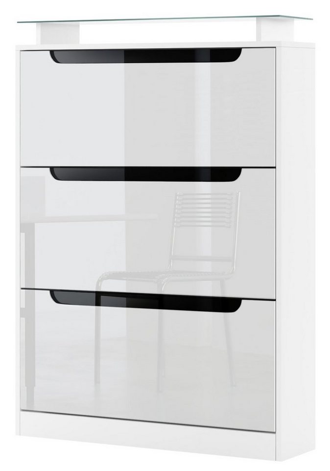 Vladon Schuhschrank Space (Schuhkipper, für 24 Paar Schuhe mit 3 Klappen und Glasablage) Weiß matt&glänzend mit Absetzungen in Schwarz glänzend (89x128x23 cm) von Vladon