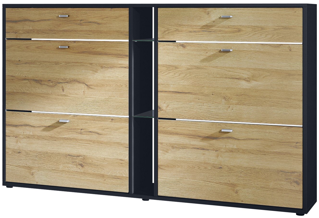 Vladon Schuhschrank Today (Schuhkipper für 24 Paar Schuhe mit 4 Klappen, 2 Schubladen und 3 offene Fächer) Schwarz matt/Eiche Natur (155,5 x 95 x 28 cm) von Vladon