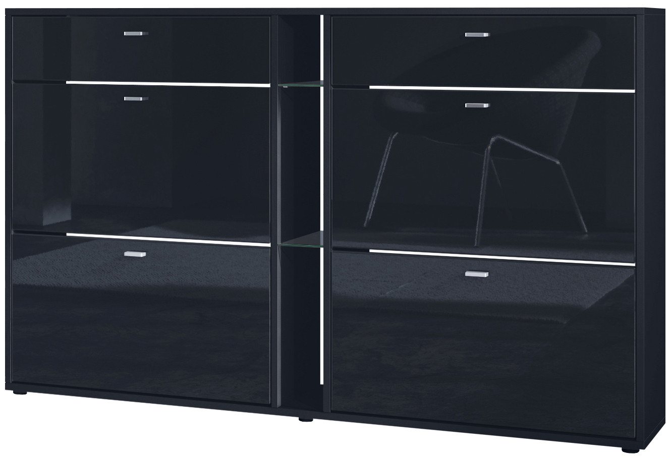 Vladon Schuhschrank Today (Schuhkipper für 24 Paar Schuhe mit 4 Klappen, 2 Schubladen und 3 offene Fächer) Schwarz matt/Schwarz Hochglanz (155,5 x 95 x 28 cm) von Vladon
