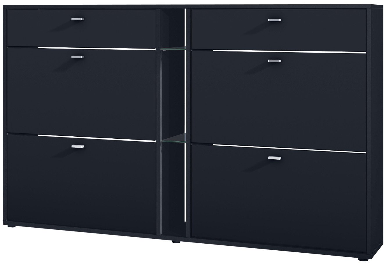 Vladon Schuhschrank Today (Schuhkipper für 24 Paar Schuhe mit 4 Klappen, 2 Schubladen und 3 offene Fächer) Schwarz matt/Schwarz matt (155,5 x 95 x 28 cm) von Vladon