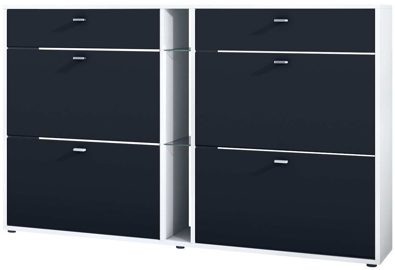 Vladon Schuhschrank Today (Schuhkipper für 24 Paar Schuhe mit 4 Klappen, 2 Schubladen und 3 offene Fächer) Weiß matt/Schwarz matt (155,5 x 95 x 28 cm) von Vladon