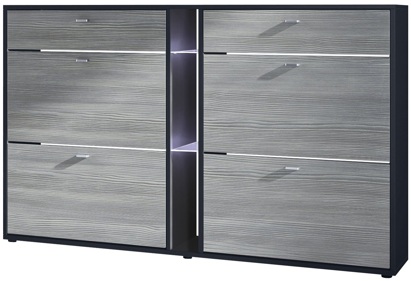 Vladon Schuhschrank Today (Schuhkipper für 24 Paar Schuhe mit 4 Klappen, 2 Schubladen und 3 offene Fächer inkl. Beleuchtung) Schwarz matt/Avola-Anthrazit (155,5 x 95 x 28 cm) von Vladon
