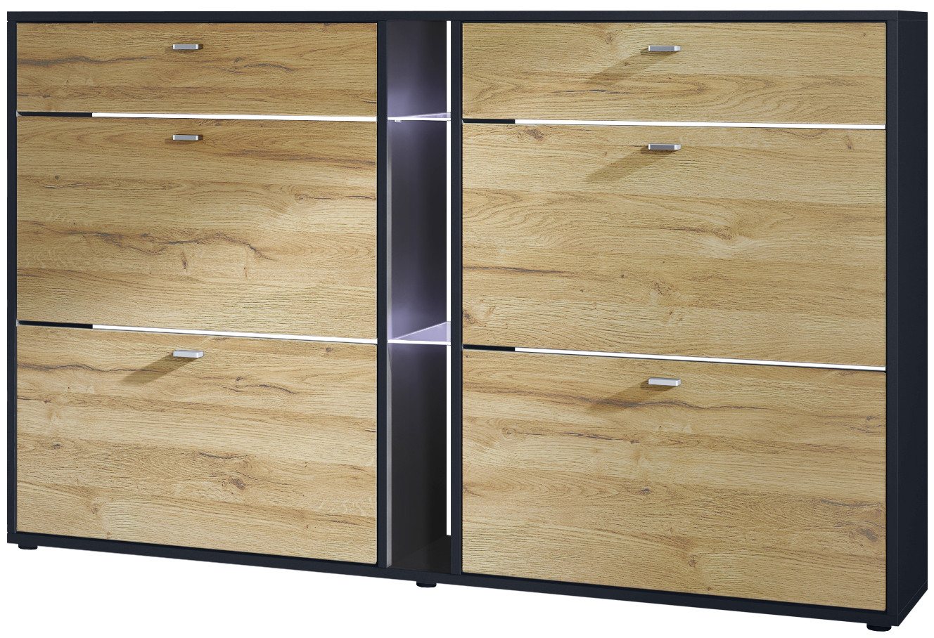 Vladon Schuhschrank Today (Schuhkipper für 24 Paar Schuhe mit 4 Klappen, 2 Schubladen und 3 offene Fächer inkl. Beleuchtung) Schwarz matt/Eiche Natur (155,5 x 95 x 28 cm) von Vladon
