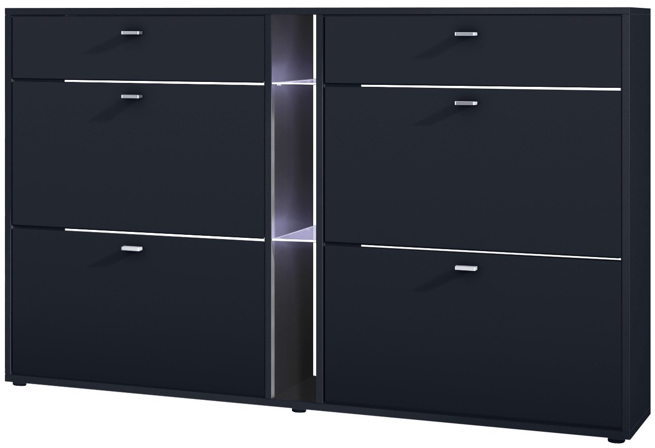 Vladon Schuhschrank Today (Schuhkipper für 24 Paar Schuhe mit 4 Klappen, 2 Schubladen und 3 offene Fächer inkl. Beleuchtung) Schwarz matt/Schwarz matt (155,5 x 95 x 28 cm) von Vladon