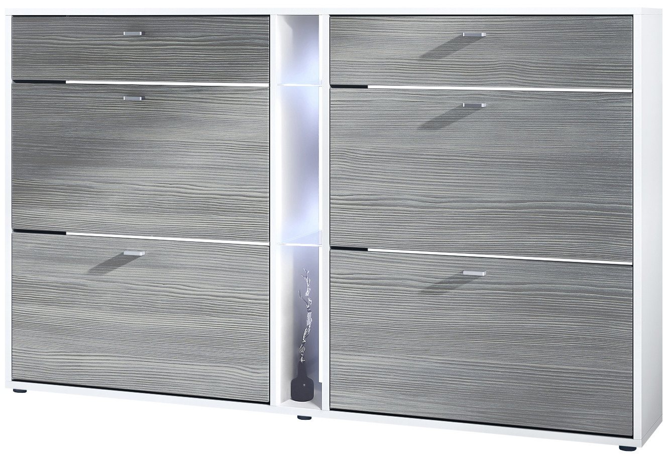 Vladon Schuhschrank Today (Schuhkipper für 24 Paar Schuhe mit 4 Klappen, 2 Schubladen und 3 offene Fächer inkl. Beleuchtung) Weiß matt/Avola-Anthrazit (155,5 x 95 x 28 cm) von Vladon
