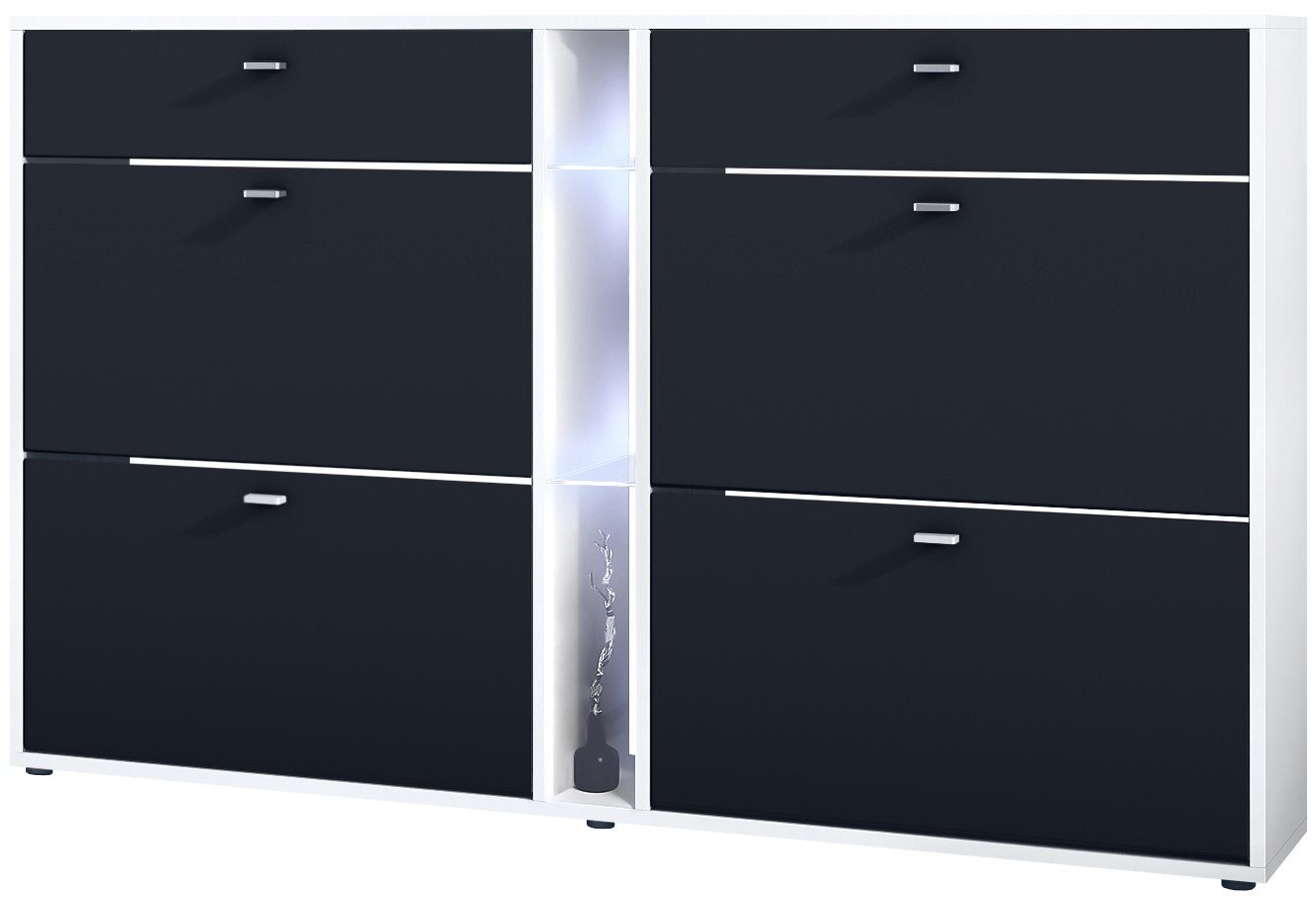 Vladon Schuhschrank Today (Schuhkipper für 24 Paar Schuhe mit 4 Klappen, 2 Schubladen und 3 offene Fächer inkl. Beleuchtung) Weiß matt/Schwarz matt (155,5 x 95 x 28 cm) von Vladon
