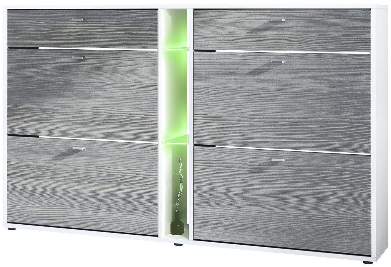 Vladon Schuhschrank Today (Schuhkipper für 24 Paar Schuhe mit 4 Klappen, 2 Schubladen und 3 offene Fächer inkl. Beleuchtung) Weiß matt/Avola-Anthrazit (155,5 x 95 x 28 cm) von Vladon