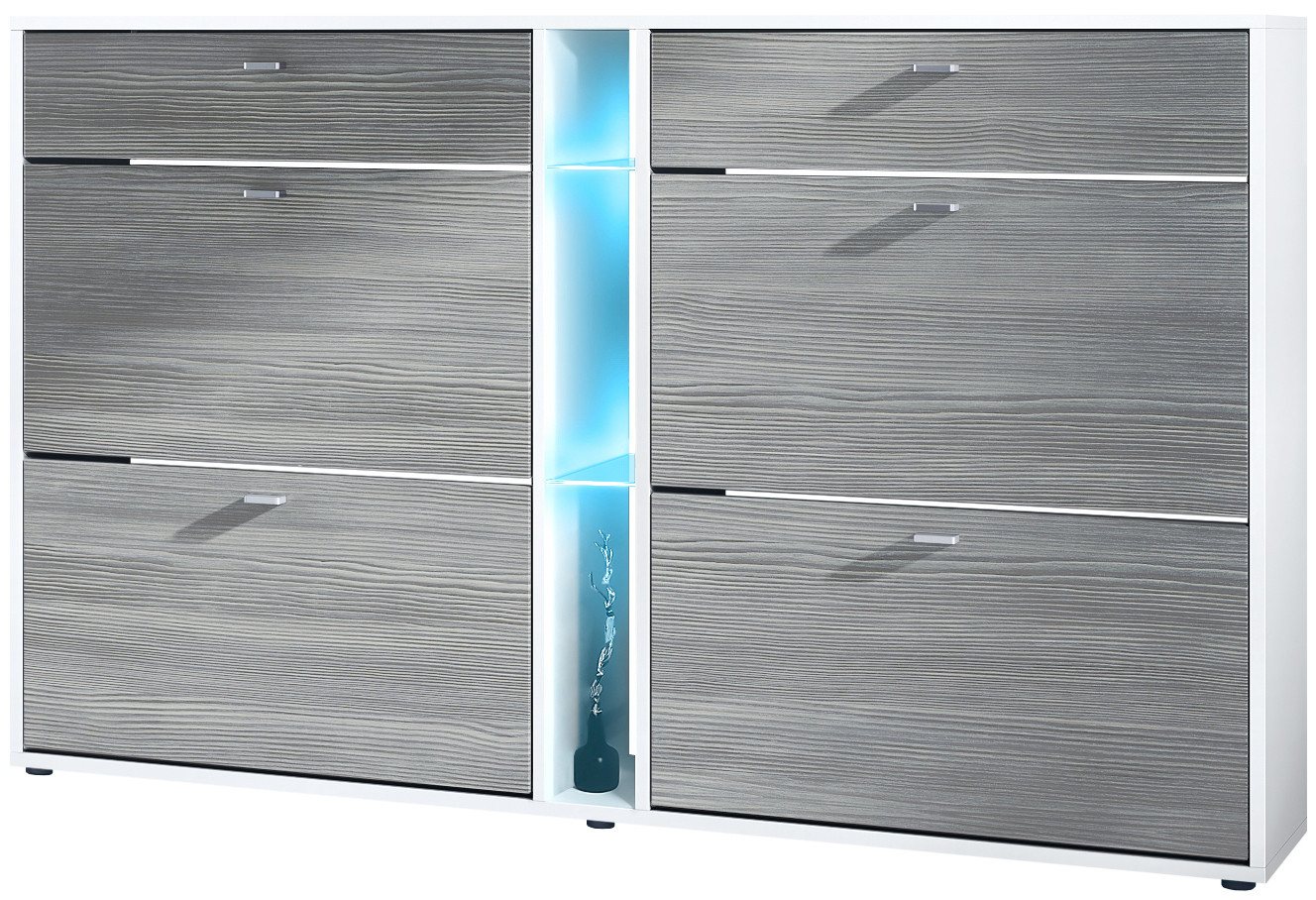 Vladon Schuhschrank Today (Schuhkipper für 24 Paar Schuhe mit 4 Klappen, 2 Schubladen und 3 offene Fächer inkl. Beleuchtung) Weiß matt/Avola-Anthrazit (155,5 x 95 x 28 cm) von Vladon