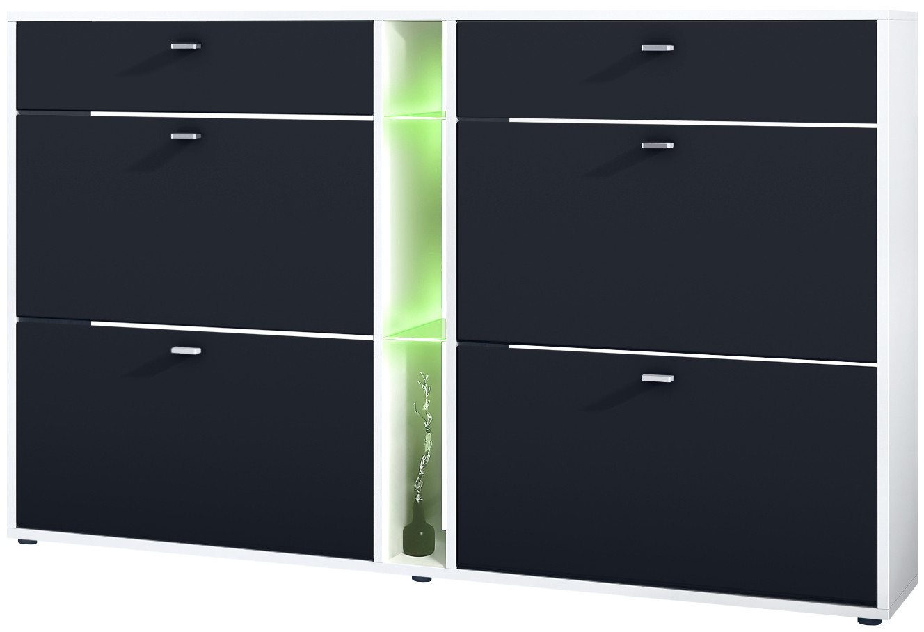 Vladon Schuhschrank Today (Schuhkipper für 24 Paar Schuhe mit 4 Klappen, 2 Schubladen und 3 offene Fächer inkl. Beleuchtung) Weiß matt/Schwarz matt (155,5 x 95 x 28 cm) von Vladon