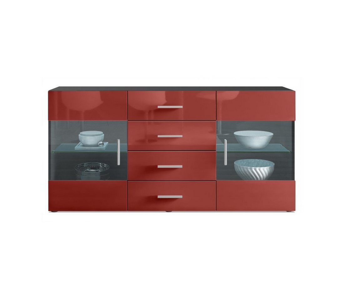 Vladon Sideboard Bari (Kommode mit 2 Türen, 4 Schubladen und 2 flexible Glaseinlegeböden), Schwarz matt/Bordeaux Hochglanz (139 x 72 x 35) von Vladon