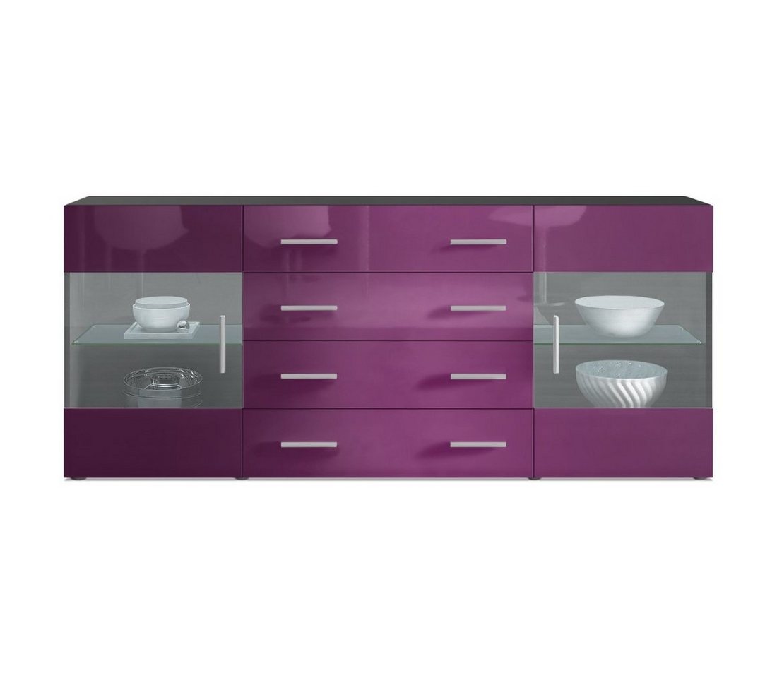 Vladon Sideboard Bari (Kommode mit 2 Türen, 4 Schubladen und 2 flexible Glaseinlegeböden), Schwarz matt/Brombeer Hochglanz (166 x 72 x 35) von Vladon