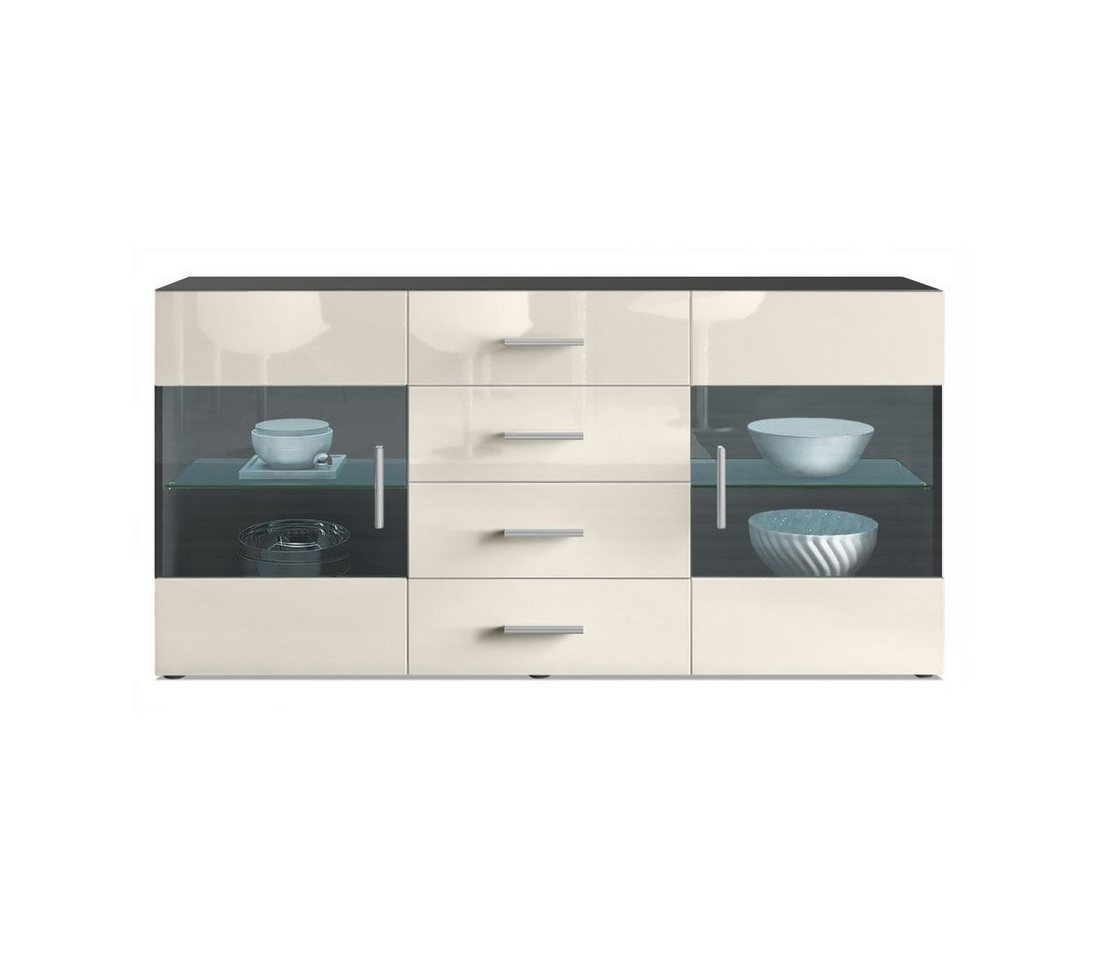 Vladon Sideboard Bari (Kommode mit 2 Türen, 4 Schubladen und 2 flexible Glaseinlegeböden), Schwarz matt/Creme Hochglanz (139 x 72 x 35) von Vladon