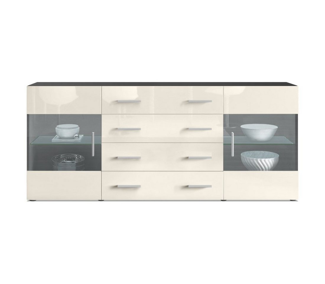 Vladon Sideboard Bari (Kommode mit 2 Türen, 4 Schubladen und 2 flexible Glaseinlegeböden), Schwarz matt/Creme Hochglanz (166 x 72 x 35) von Vladon