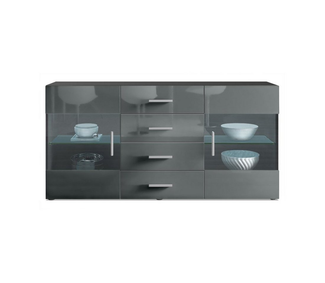 Vladon Sideboard Bari (Kommode mit 2 Türen, 4 Schubladen und 2 flexible Glaseinlegeböden), Schwarz matt/Grau Hochglanz (139 x 72 x 35) von Vladon