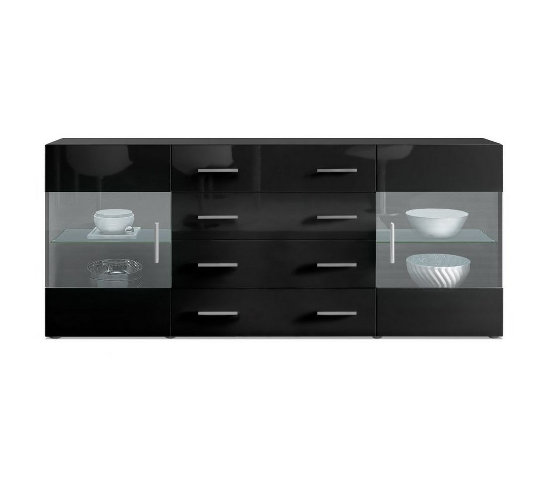 Vladon Sideboard Bari (Kommode mit 2 Türen, 4 Schubladen und 2 flexible Glaseinlegeböden), Schwarz matt/Schwarz Hochglanz (166 x 72 x 35) von Vladon
