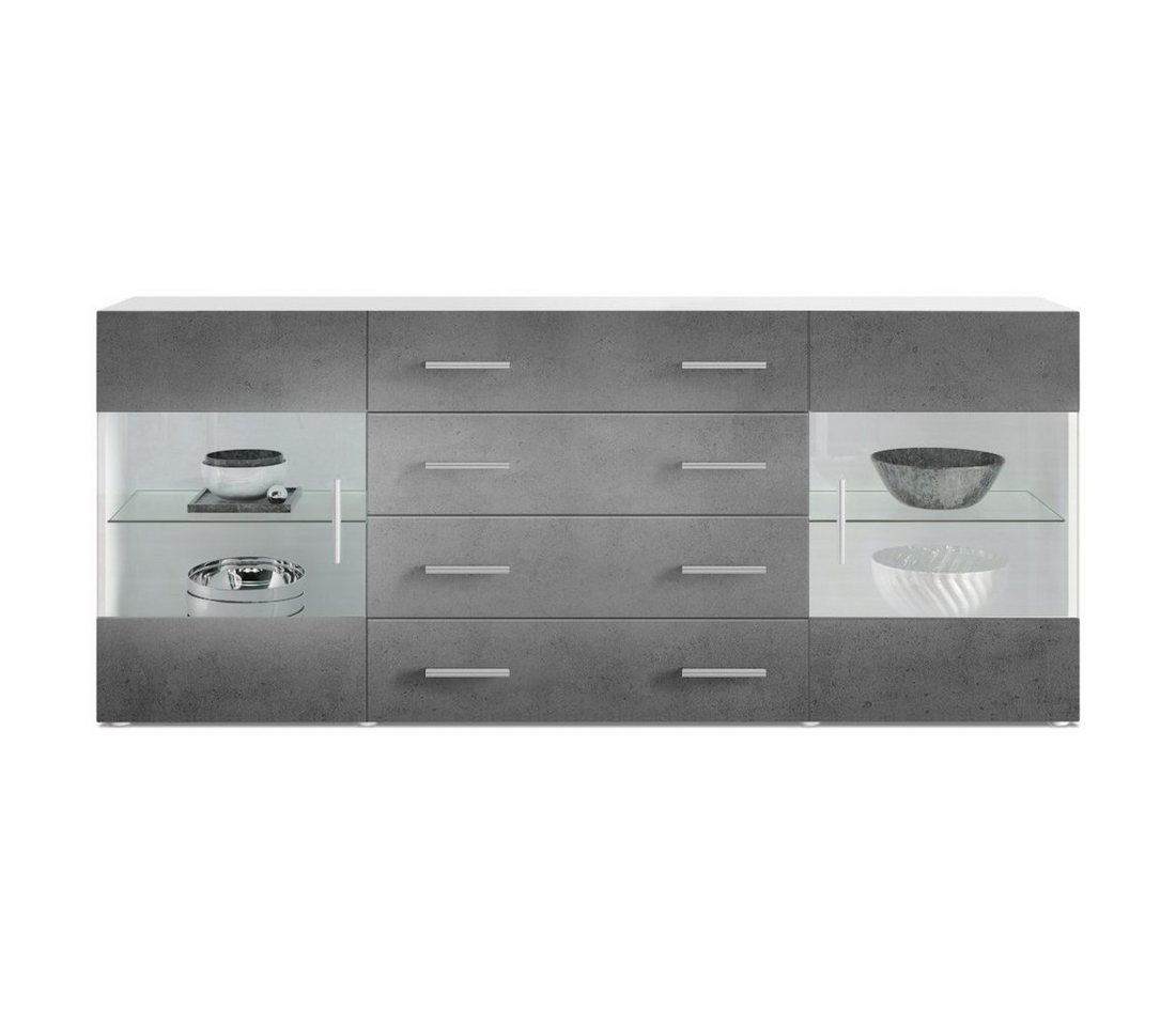 Vladon Sideboard Bari (Kommode mit 2 Türen, 4 Schubladen und 2 flexible Glaseinlegeböden), Weiß matt/Beton Dunkel Optik (166 x 72 x 35) von Vladon