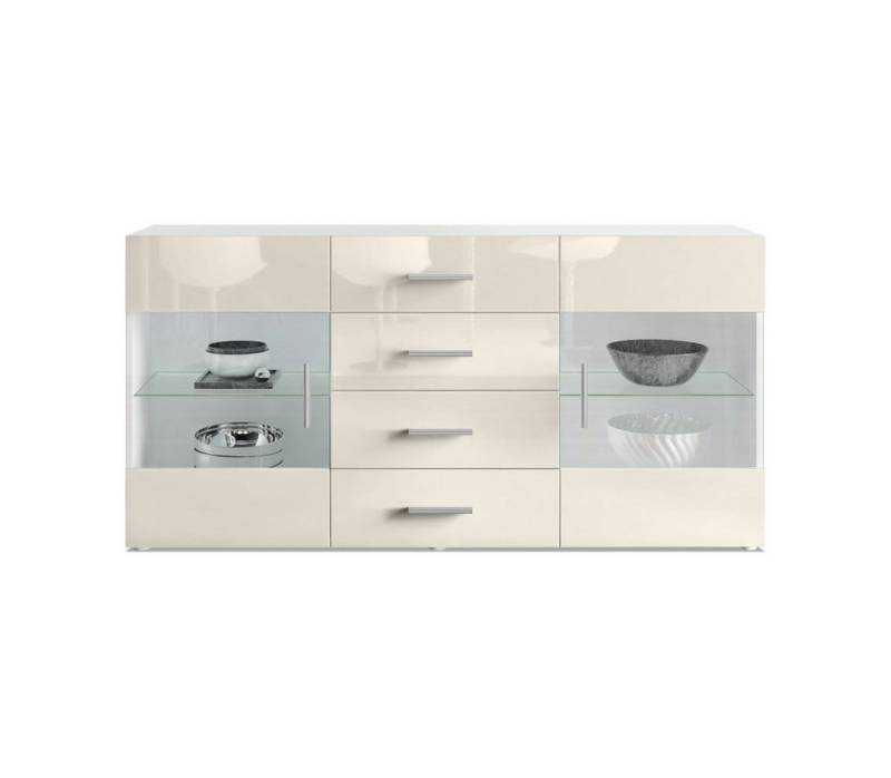Vladon Sideboard Bari (Kommode mit 2 Türen, ​ 4 Schubladen und 2 flexible Glaseinlegeböden), Weiß matt/Creme Hochglanz (139 x 72 x 35) von Vladon