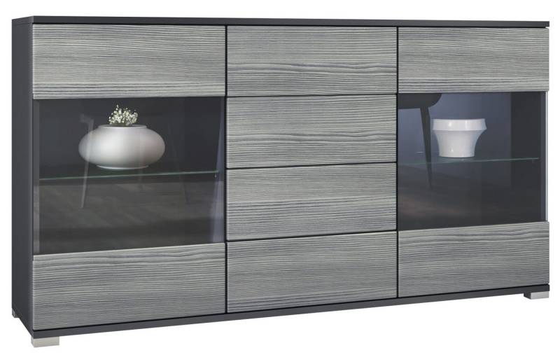 Vladon Sideboard Bari V1 (Kommode mit 2 Türen, 4 Schubladen und 2 flexible Glaseinlegeböden), Anthrazit matt/Avola-Anthrazit (138,5 x 75,5 x 35) von Vladon