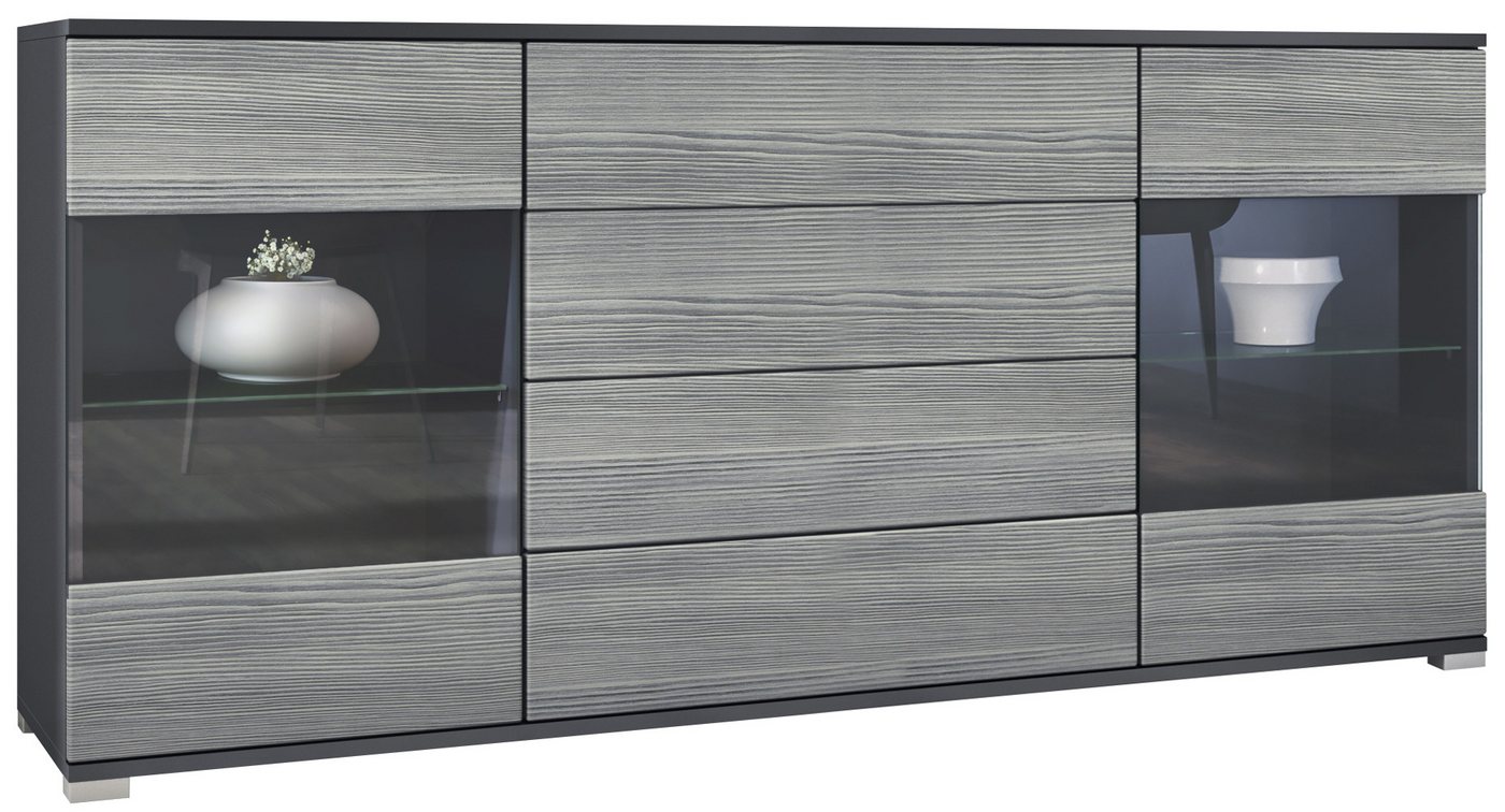 Vladon Sideboard Bari V2 (Kommode mit 2 Türen, 4 Schubladen und 2 flexible Glaseinlegeböden), Anthrazit matt/Avola-Anthrazit (166,5 x 75,5 x 35) von Vladon