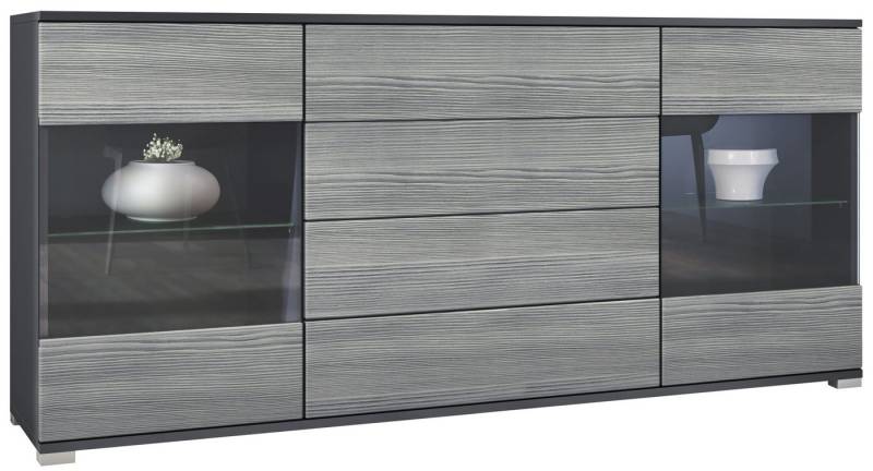 Vladon Sideboard Bari V2 (Kommode mit 2 Türen, 4 Schubladen und 2 flexible Glaseinlegeböden), Anthrazit matt/Avola-Anthrazit (166,5 x 75,5 x 35) von Vladon