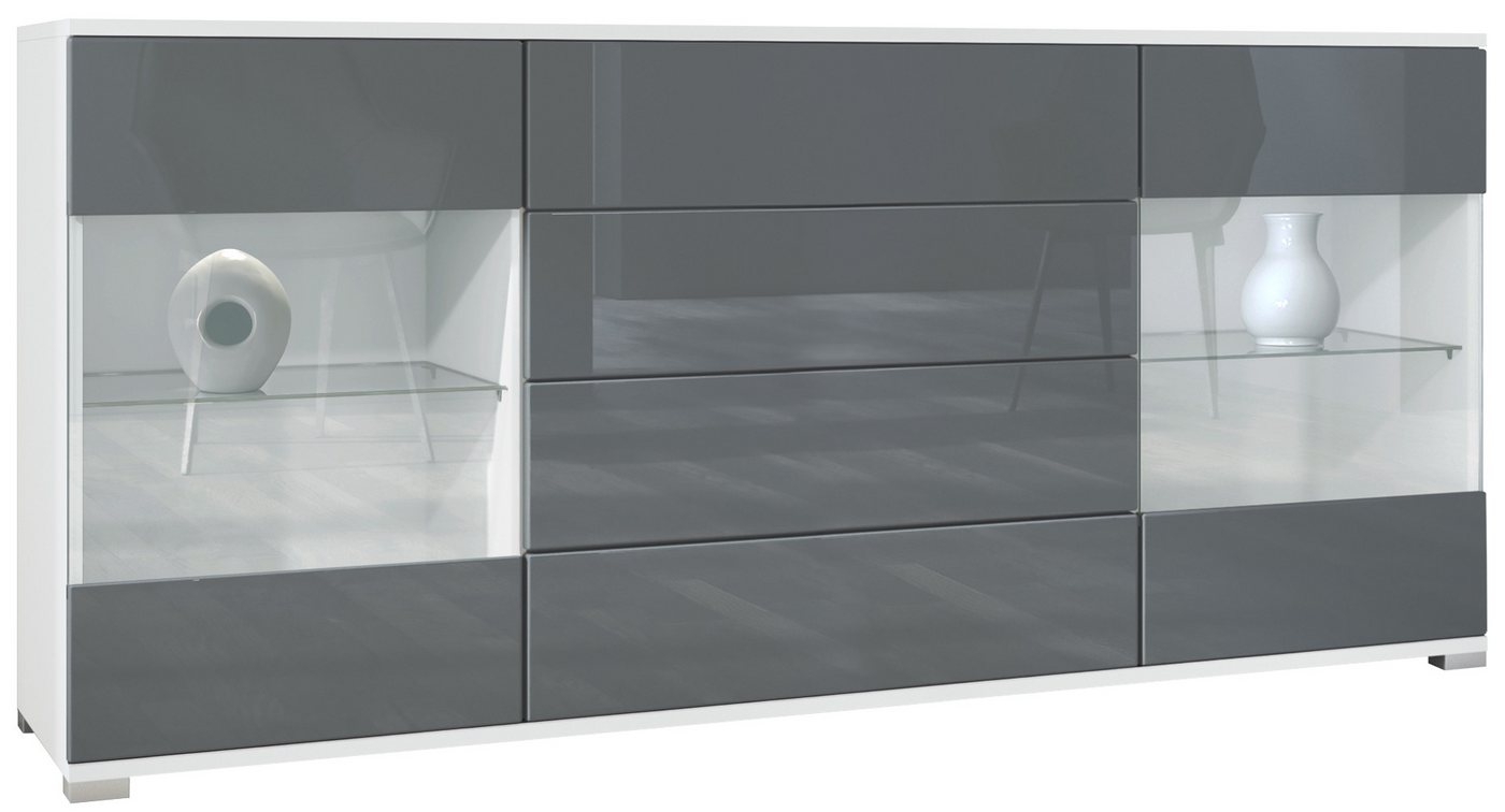 Vladon Sideboard Bari V2 (Kommode mit 2 Türen, 4 Schubladen und 2 flexible Glaseinlegeböden), Weiß matt/Grau Hochglanz (166,5 x 75,5 x 35) von Vladon