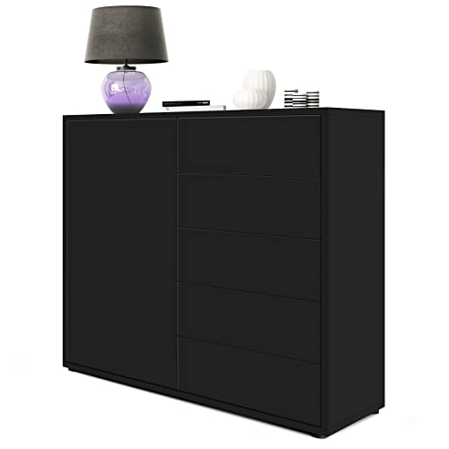 Vladon Sideboard Ben V2, Kommode mit 1 Tür und 5 Schubladen, Schwarz matt/Schwarz matt (79 x 74 x 36 cm) von Vladon