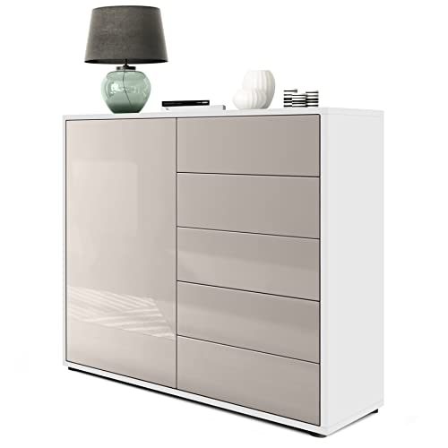 Vladon Sideboard Ben V2, Made in Germany, Kommode mit 1 Tür und 5 Schubladen, Weiß matt/Sandgrau Hochglanz (79 x 74 x 36 cm) von Vladon