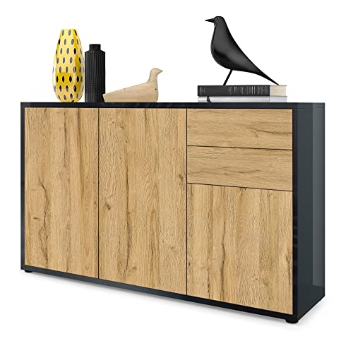 Vladon Sideboard Ben V3, Kommode mit 3 Türen und 2 Schubladen, Schwarz Hochglanz/Eiche Natur (117 x 74 x 36 cm) von Vladon