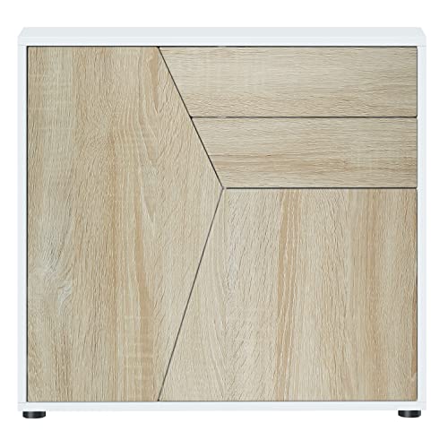 Vladon Sideboard Benny, Made in Germany, Kommode mit 2 Türen und 2 Schubladen, Weiß matt/Eiche sägerau (79 x 74 x 36 cm) von Vladon