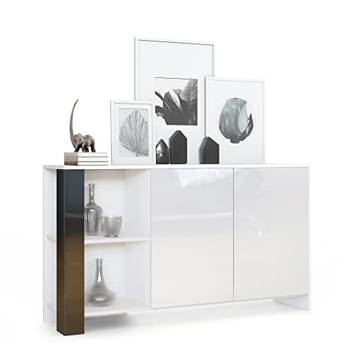 Vladon Sideboard Canto, Made in Germany, Lange Anrichte mit 2 Türen und 6 Fächern, Korpus Weiß matt, Fronten Weiß Hochglanz, Dekor-Paneele Schwarz Hochglanz (143 x 81 x 36 cm) von Vladon