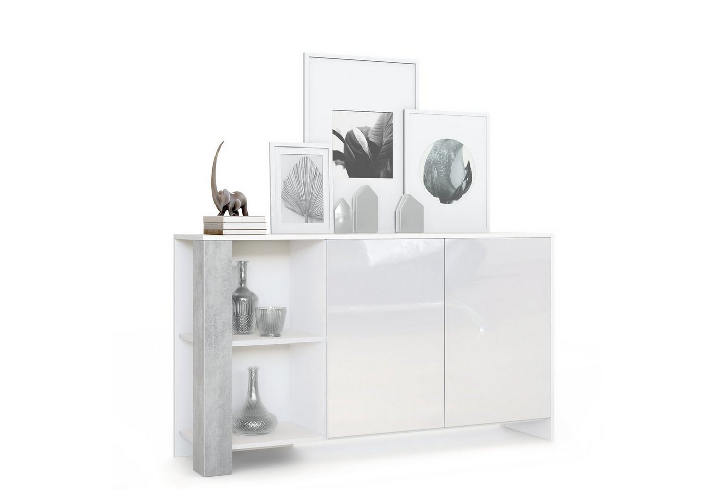 Vladon Sideboard Canto (Sideboard, mit 2 Türen und 6 Fächern), Weiß matt, Weiß Hochglanz, Beton Oxid Optik von Vladon