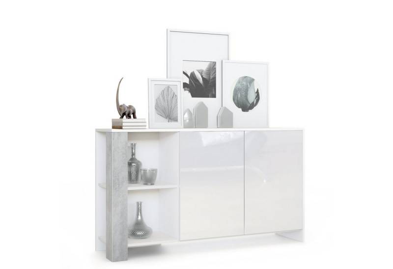Vladon Sideboard Canto (Sideboard, mit 2 Türen und 6 Fächern), Weiß matt, Weiß Hochglanz, Beton Oxid Optik von Vladon