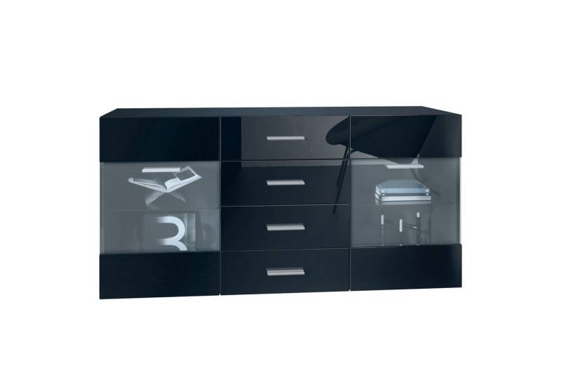 Vladon Sideboard Carlos V1 (Kommode mit 2 Türen, 4 Schubladen und 2 flexible Glaseinlegeböden), Schwarz matt/Schwarz Hochglanz (139 x 72 x 35) von Vladon