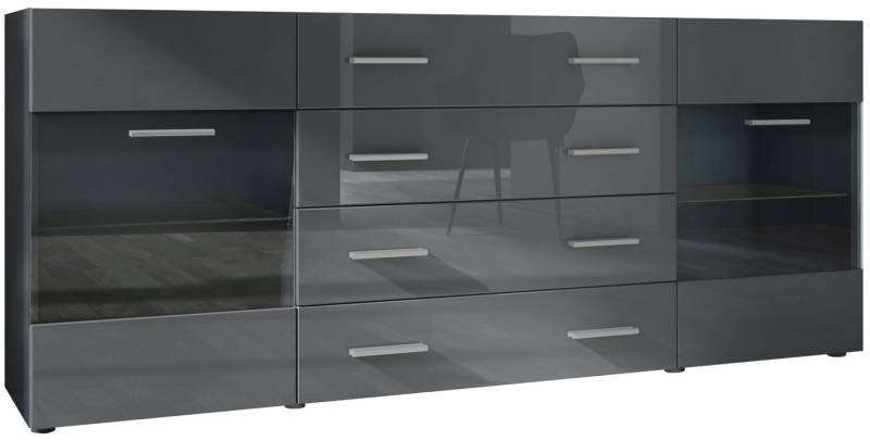 Vladon Sideboard Carlos V2 (Kommode mit 2 Türen, 4 Schubladen und 2 flexible Glaseinlegeböden), Schwarz matt/Grau Hochglanz (166 x 72 x 35) von Vladon