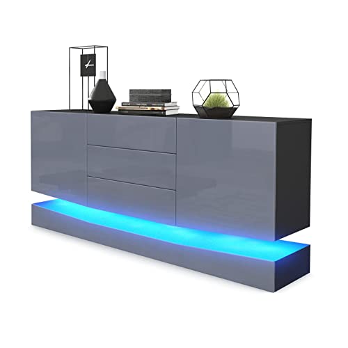 Vladon Sideboard City, Made in Germany, Schwarz matt/Grau Hochglanz inkl. LED - Moderne Kommode für Ihr Wohnbereich (178 x 72 x 38 cm) von Vladon