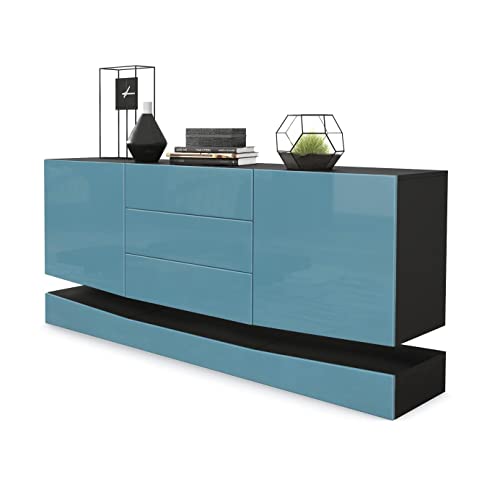 Vladon Sideboard City, Made in Germany, Schwarz matt/Petrol Hochglanz - Moderne Kommode für Ihr Wohnbereich (178 x 72 x 38 cm) von Vladon