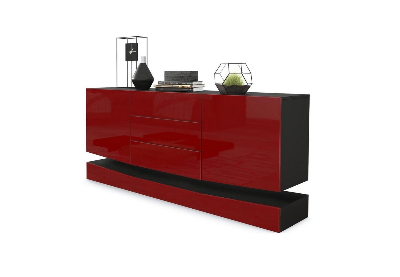 Vladon Sideboard City (Kommode, mit 2 Türen und 3 Schubladen), Schwarz matt/Bordeaux Hochglanz (178 x 72 x 38 cm) von Vladon