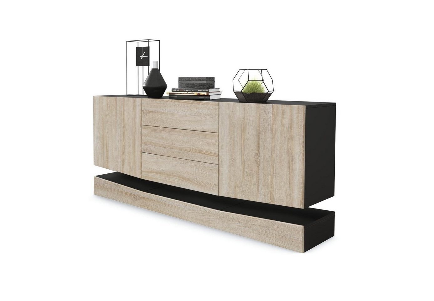 Vladon Sideboard City (Kommode, mit 2 Türen und 3 Schubladen), Schwarz matt/Eiche sägerau (178 x 72 x 38 cm) von Vladon