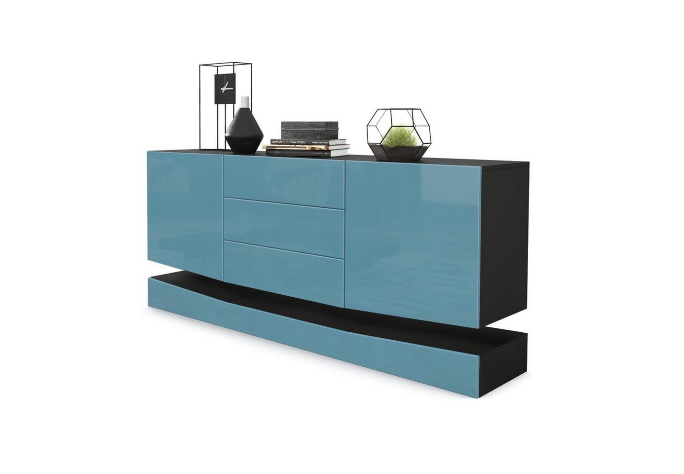 Vladon Sideboard City (Kommode, mit 2 Türen und 3 Schubladen), Schwarz matt/Petrol Hochglanz (178 x 72 x 38 cm) von Vladon