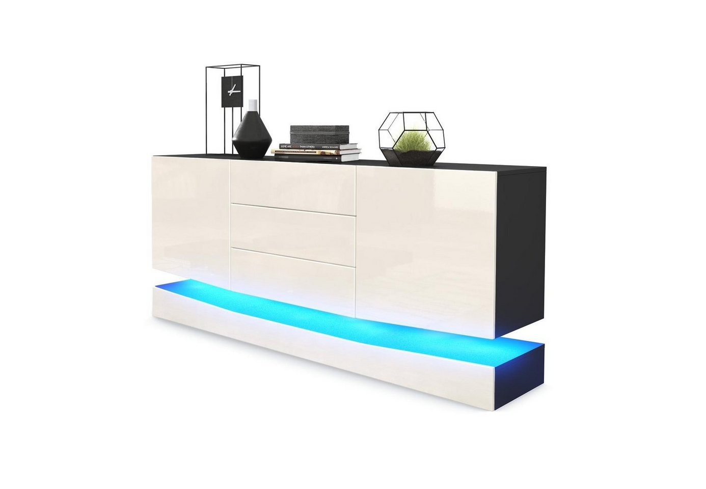 Vladon Sideboard City (Kommode mit 2 Türen, und 3 Schubladen inkl. LED-Beleuchtung), Schwarz matt/Creme Hochglanz (178 x 72 x 38 cm) von Vladon