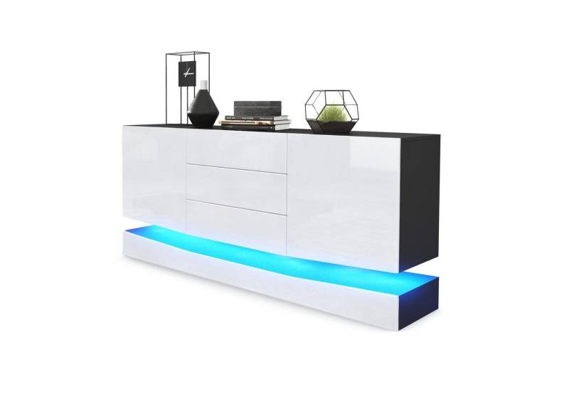 Vladon Sideboard City (Kommode mit 2 Türen, und 3 Schubladen inkl. LED-Beleuchtung), Schwarz matt/Weiß Hochglanz (178 x 72 x 38 cm) von Vladon