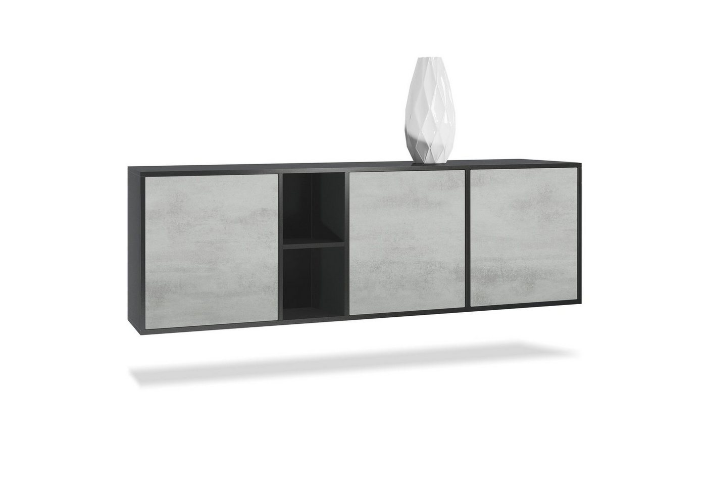 Vladon Sideboard Cuba (Kommode, mit 3 Türen und 2 offene Fächer), Schwarz matt/Beton Oxid Optik (182 x 53 x 35 cm) von Vladon