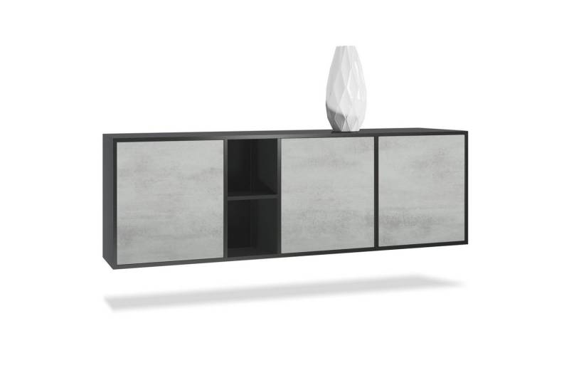 Vladon Sideboard Cuba (Kommode, mit 3 Türen und 2 offene Fächer), Schwarz matt/Beton Oxid Optik (182 x 53 x 35 cm) von Vladon