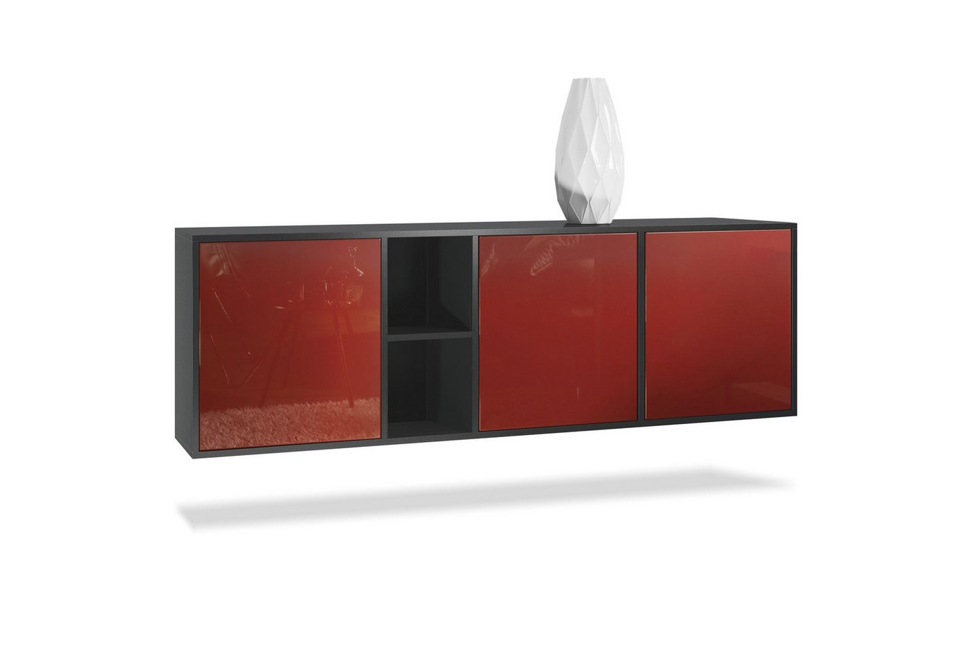 Vladon Sideboard Cuba (Kommode, mit 3 Türen und 2 offene Fächer), Schwarz matt/Bordeaux Hochglanz (182 x 53 x 35 cm) von Vladon